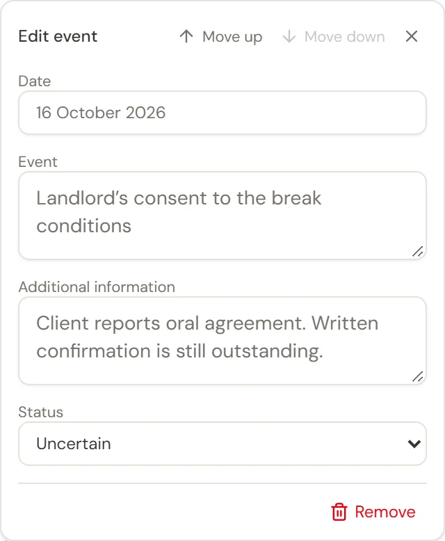 The Edit event panel with a date, event description, additional information, status, and controls to move or remove the event.