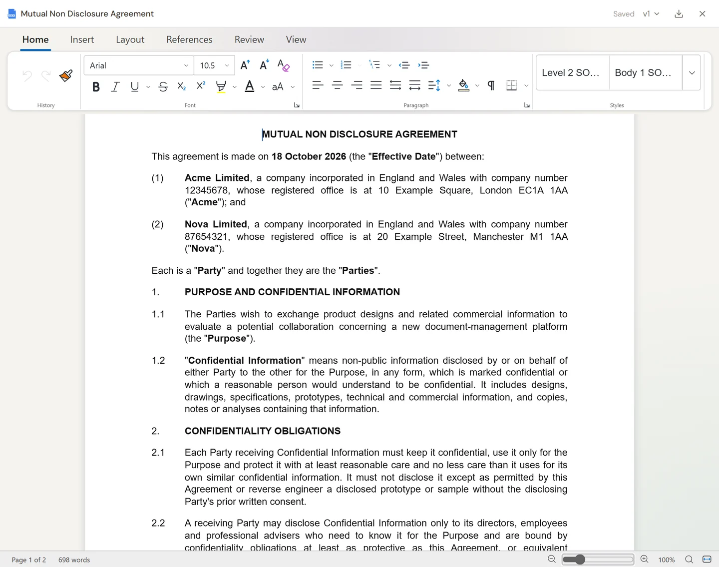 A mutual non-disclosure agreement open in the Sonar Legal document editor.