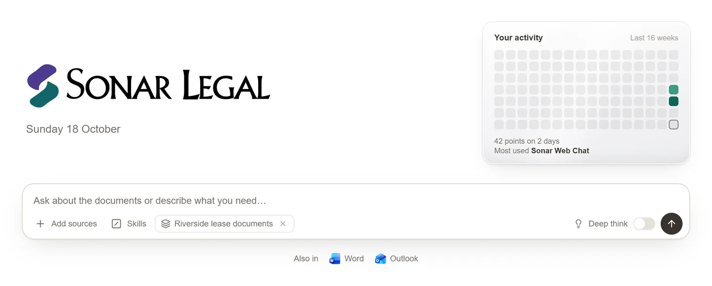A new conversation in the Sonar Legal App, with document sources and recent activity.