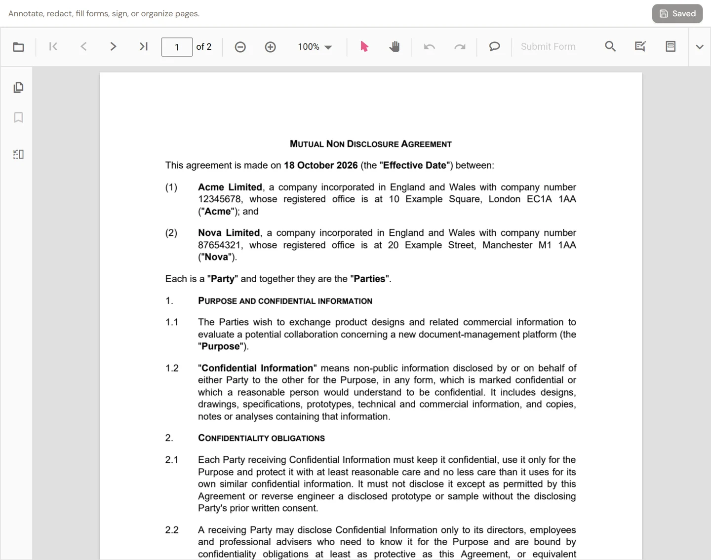 A mutual non-disclosure agreement in the PDF editor, with annotation tools and Save version.