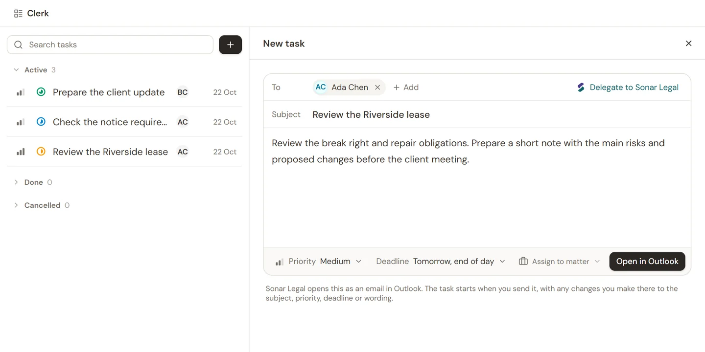 A new task addressed to a colleague with instructions, priority, and a deadline.