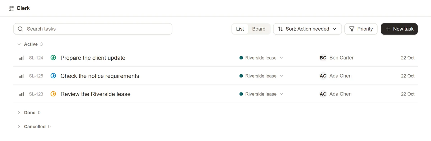 Clerk tasks showing the current owner, priority, and deadline.