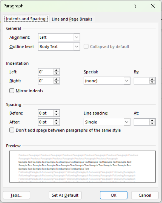Paragraph settings in Classic Outlook