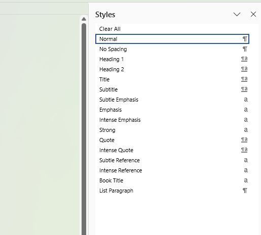 Word Styles pane
