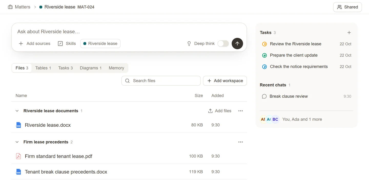 A matter page with linked resources and recent activity.