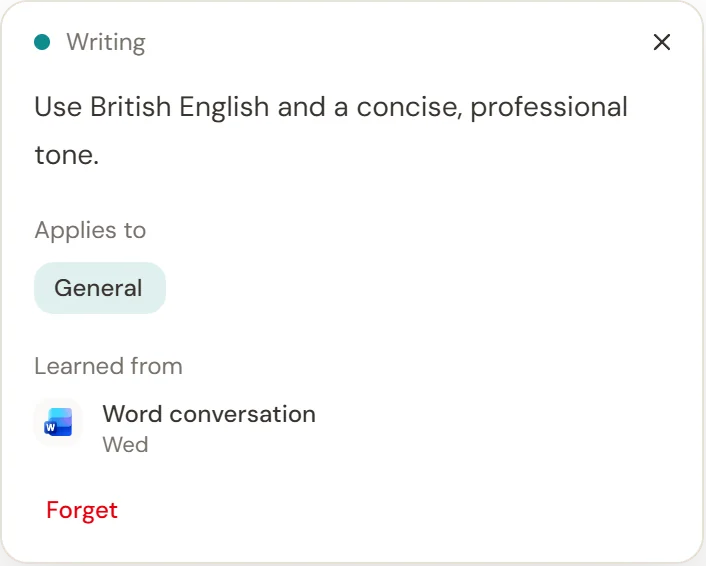 A remembered writing preference with its scope and source.