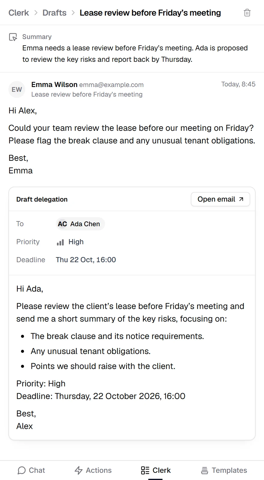 A delegation proposal showing the original request and the draft to a colleague.