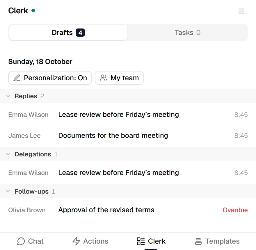 The Clerk draft list grouped into Replies, Delegations, and Follow-ups.