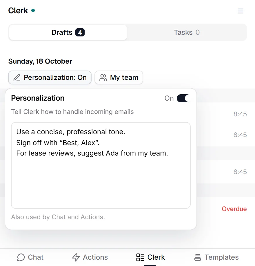 Personalization with the partner's tone, sign-off, and delegation preferences.
