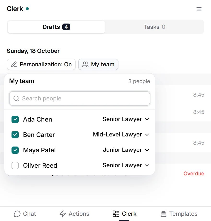 The My team menu with selected lawyers and their seniority.