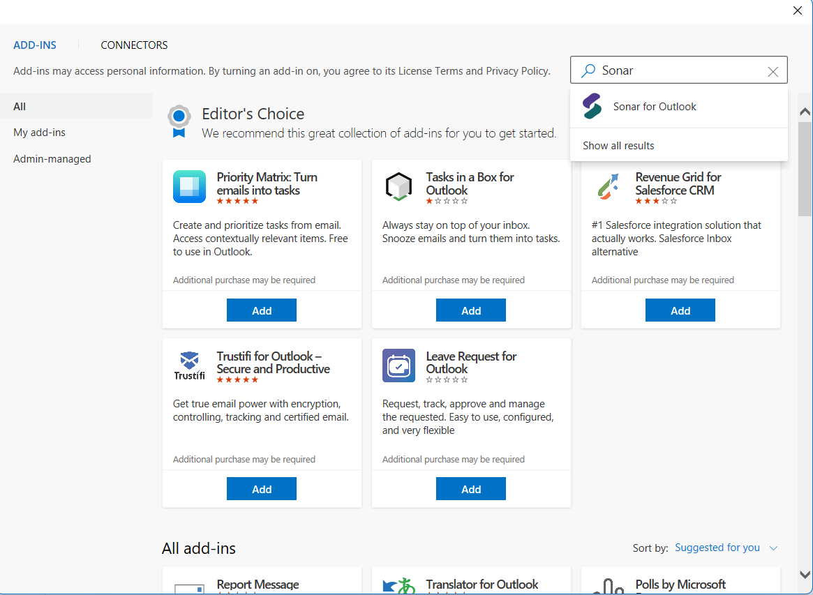 Outlook search Sonar