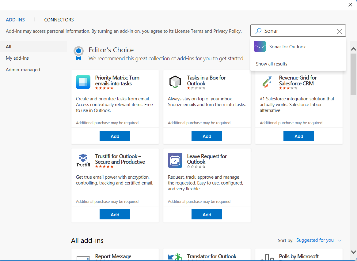 Outlook search Sonar