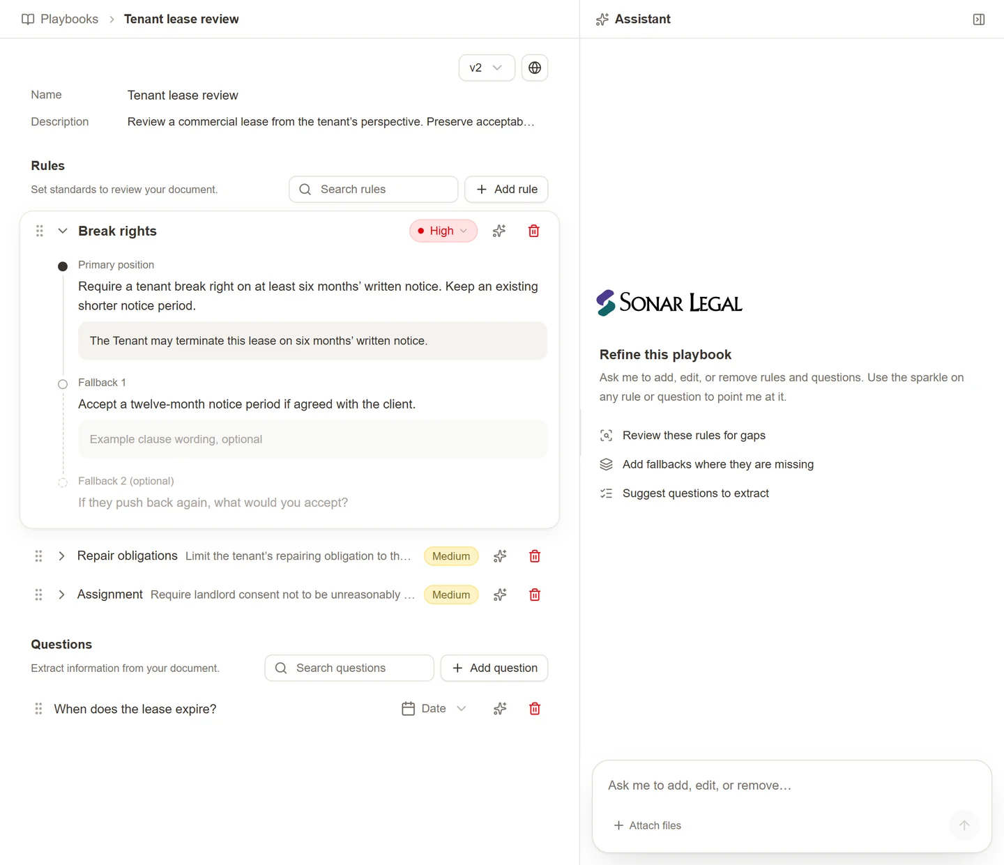 The playbook editor with review rules and questions.