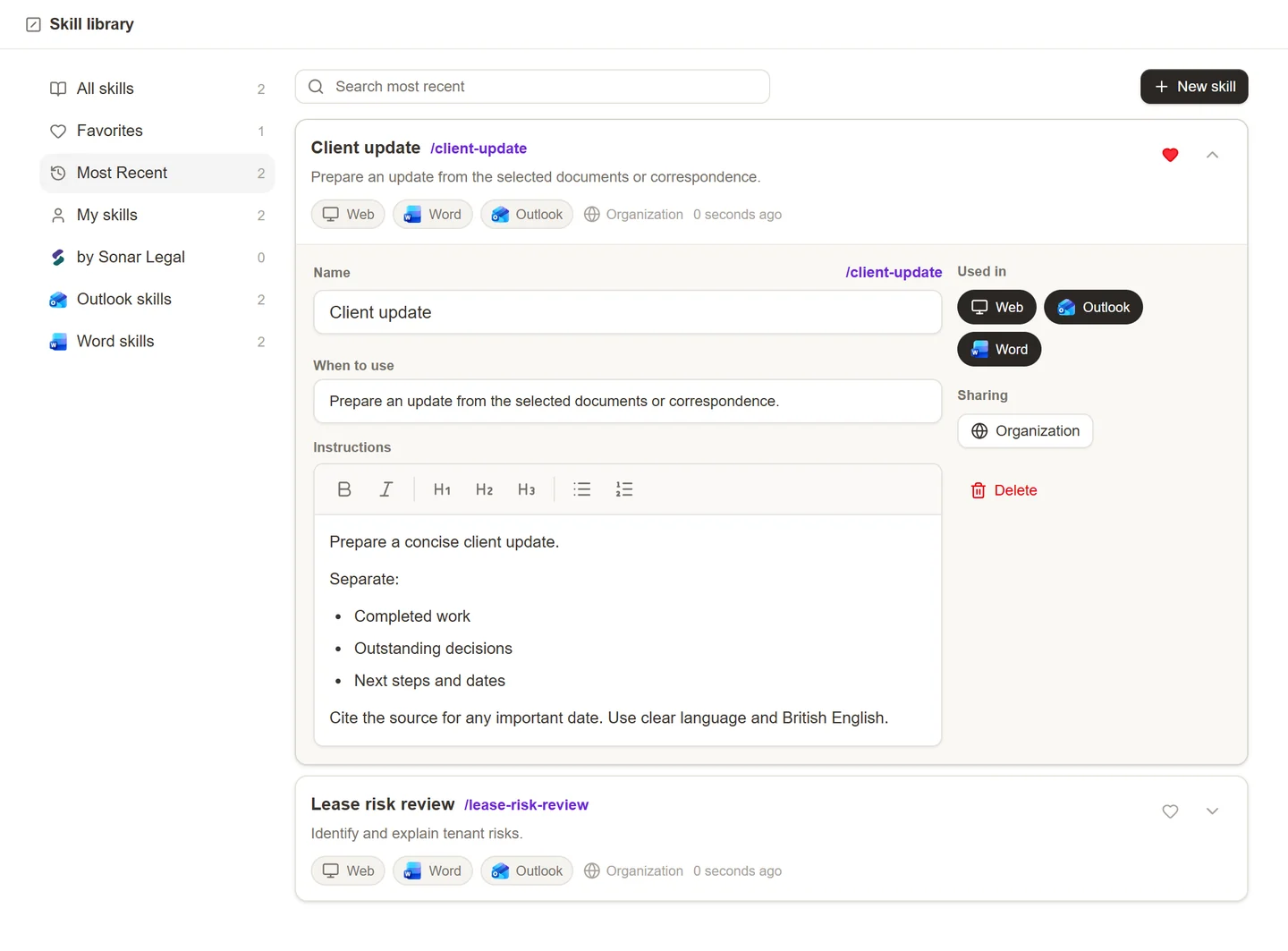 The skill library with reusable instructions and their application choices.
