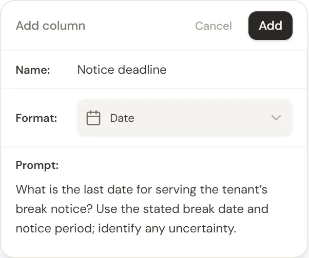 Creating a Date column called Notice deadline with a specific extraction question.