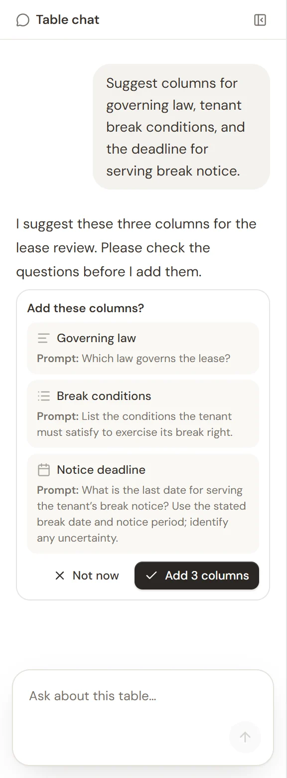 The table chat suggesting three columns, with their extraction questions and Add 3 columns and Not now controls.