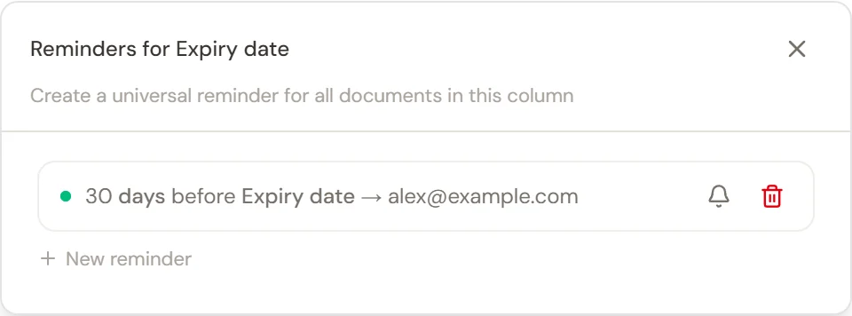 A date-column reminder with its timing and email recipients.