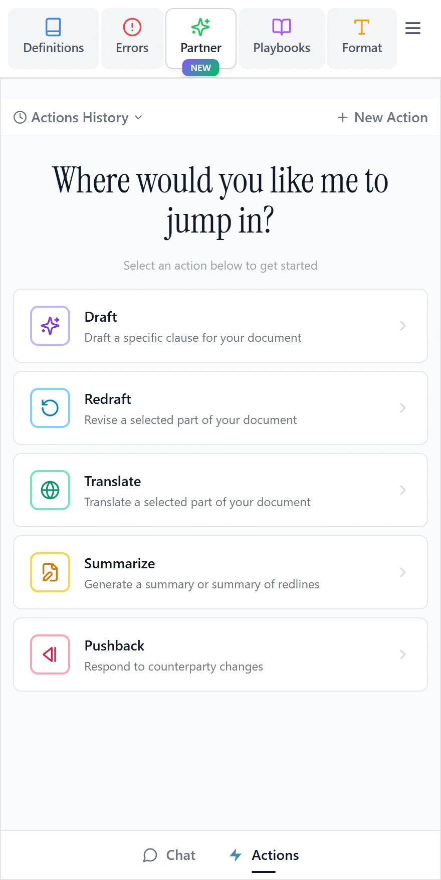 The Partner Actions available in the Word add-in.