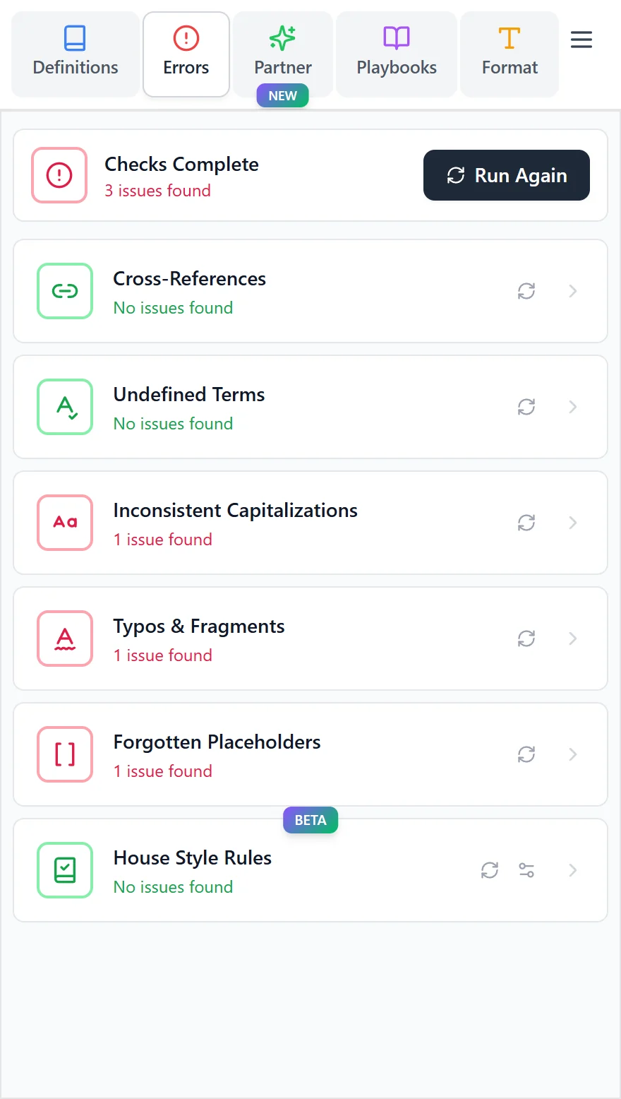 Completed drafting checks showing the categories with findings.