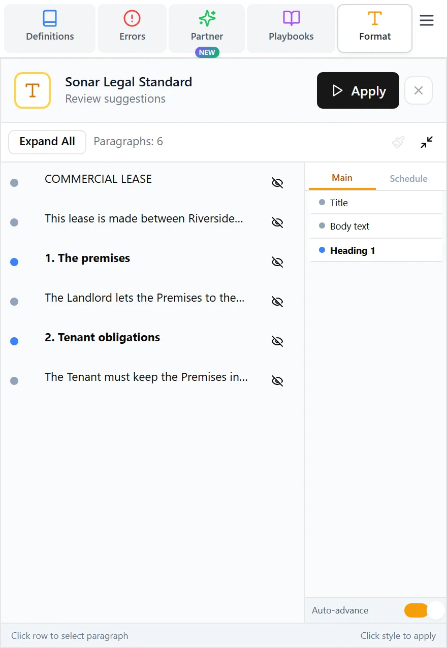The formatting review table with a style assigned to each paragraph.