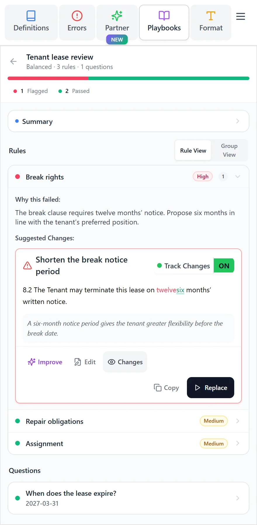 A playbook finding with its explanation and proposed revision.