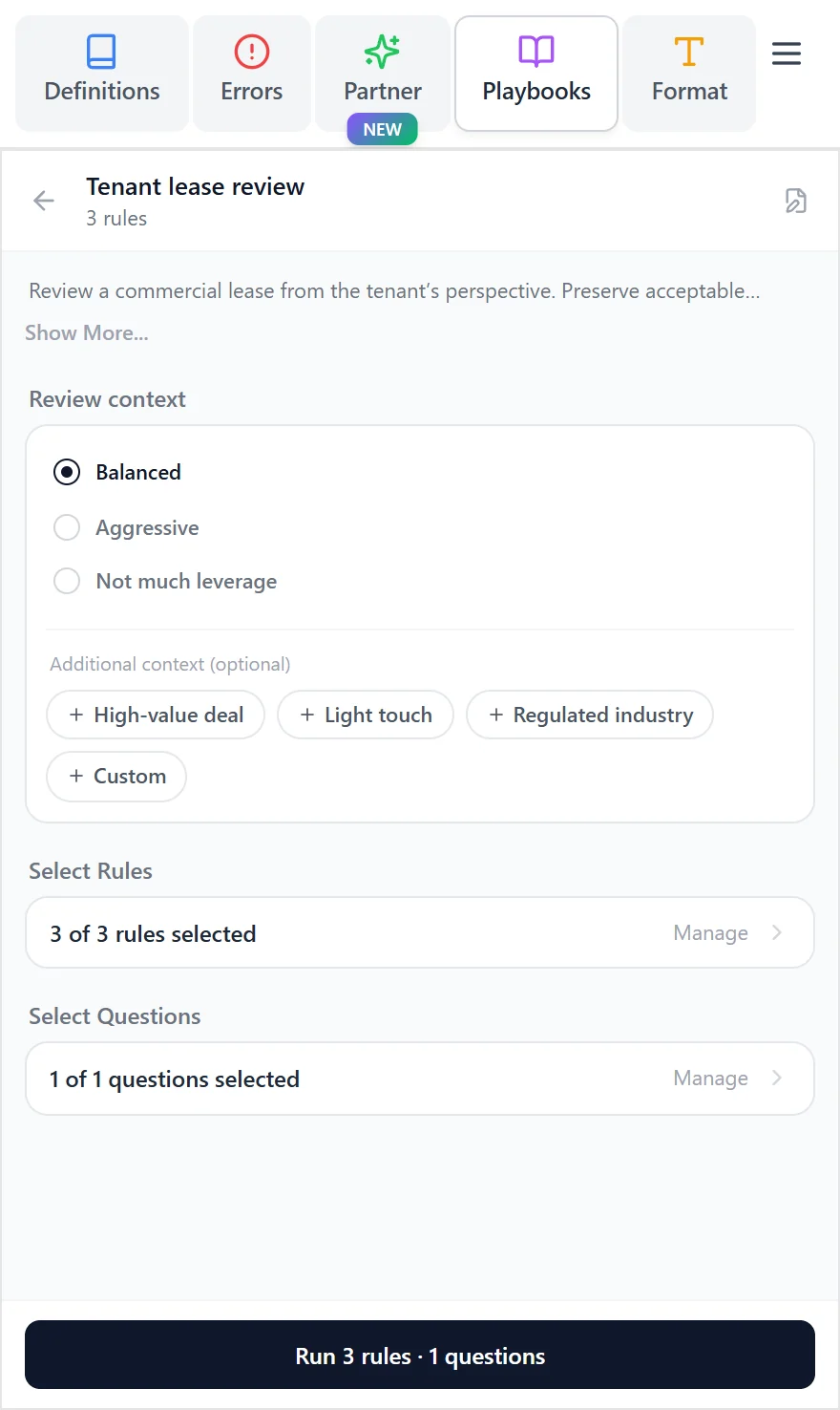 A playbook's review setup in the Word add-in.