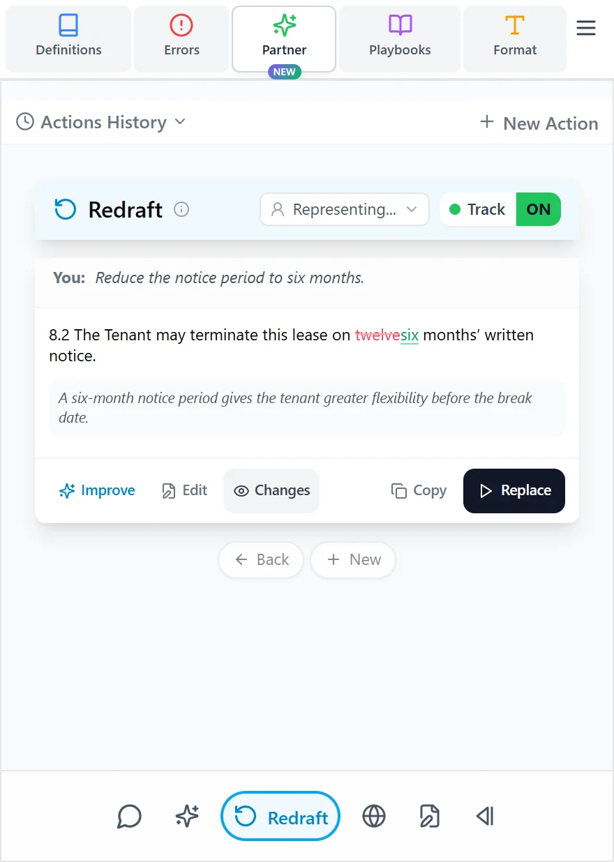 A redraft result with controls for reviewing and applying the revision.
